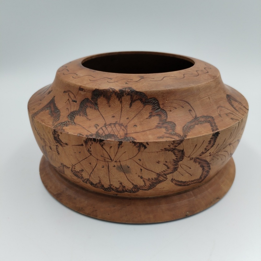 Vintage Hand Turned Wood Bowl Pyrography Floral Design Wood Burned Folk Art Boho